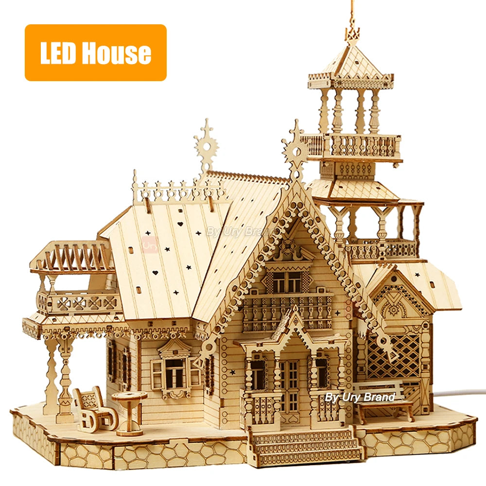 3D Wooden Puzzle Villa House Royal Castle with Light Assembly Toy Kid Adult DIY Model Kits Desk Decoration for Gift
