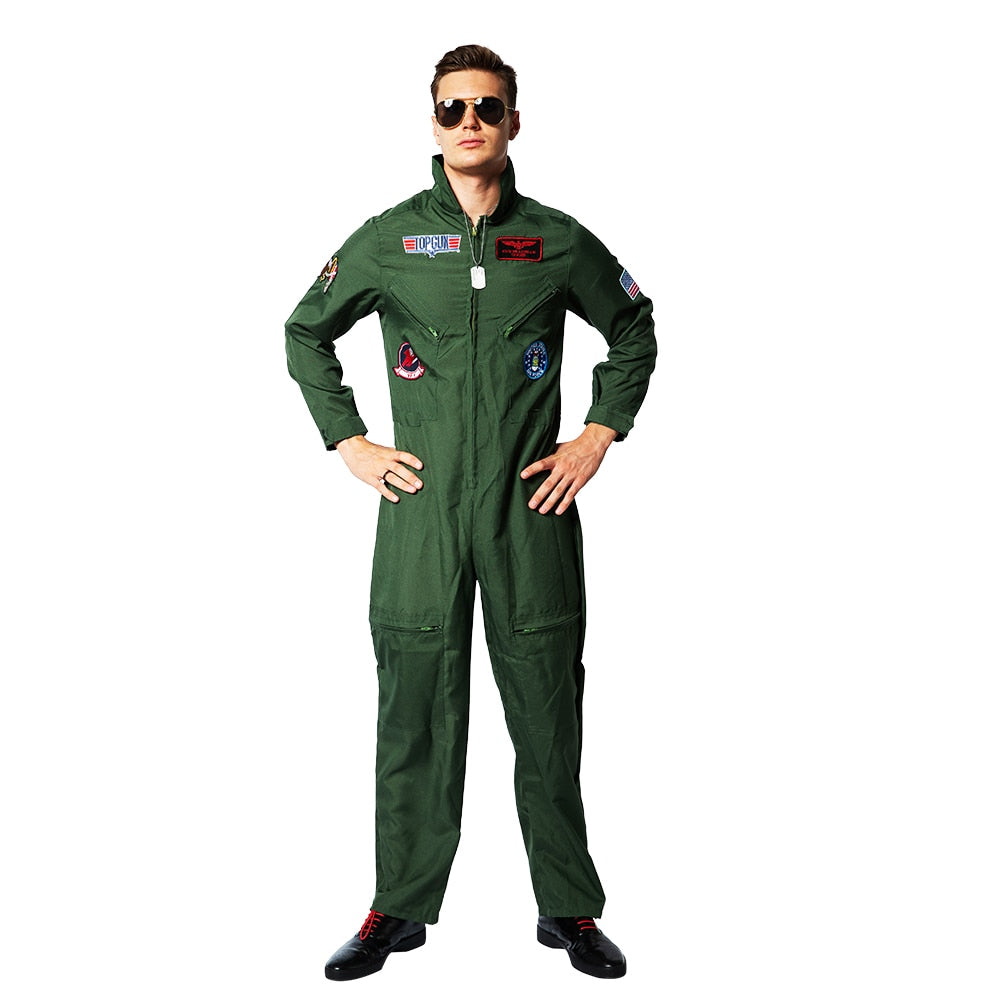 Eraspooky Top Gun Movie Cosplay American Airforce Uniform Halloween Costumes For Men Adult Army Green Military Pilot Jumpsuit
