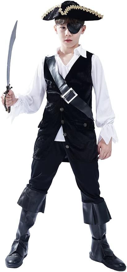 Boys Pirate Costume Kids Buccaneer Outfit Role Play Child Halloween Party Dress Up
