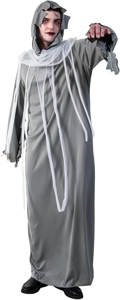 Disfraz de fantasma para adulto, cosplay para hombre, túnica aterradora con capucha
