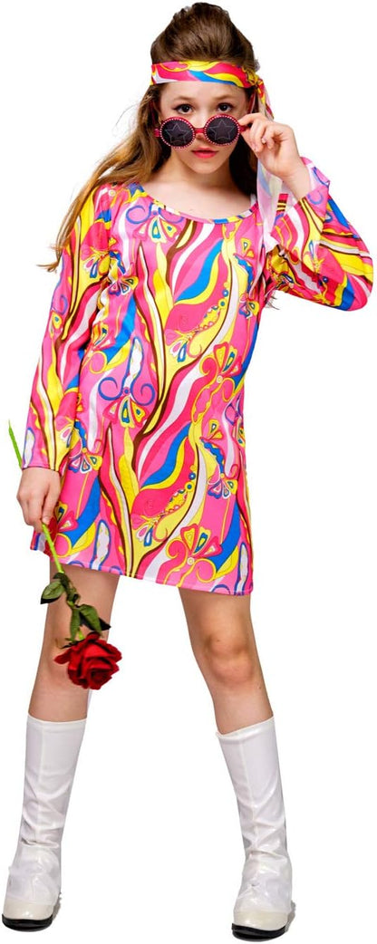 Kid's 70s 80s Flower Hippie Disco Groovy Dress Costume for Halloween and Cosplay
