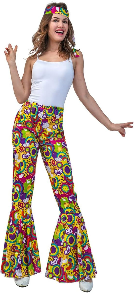 Pantalon hippie années 70 pour femme, costume disco vintage pour cosplay, fête d'Halloween (XL, multicolore)