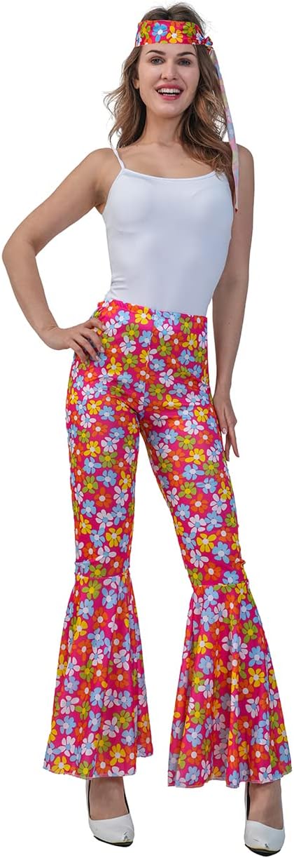 Costume hippie des années 1970, pantalon disco des années 60 pour femme, tenue de fête d'Halloween vintage, pantalon évasé coloré