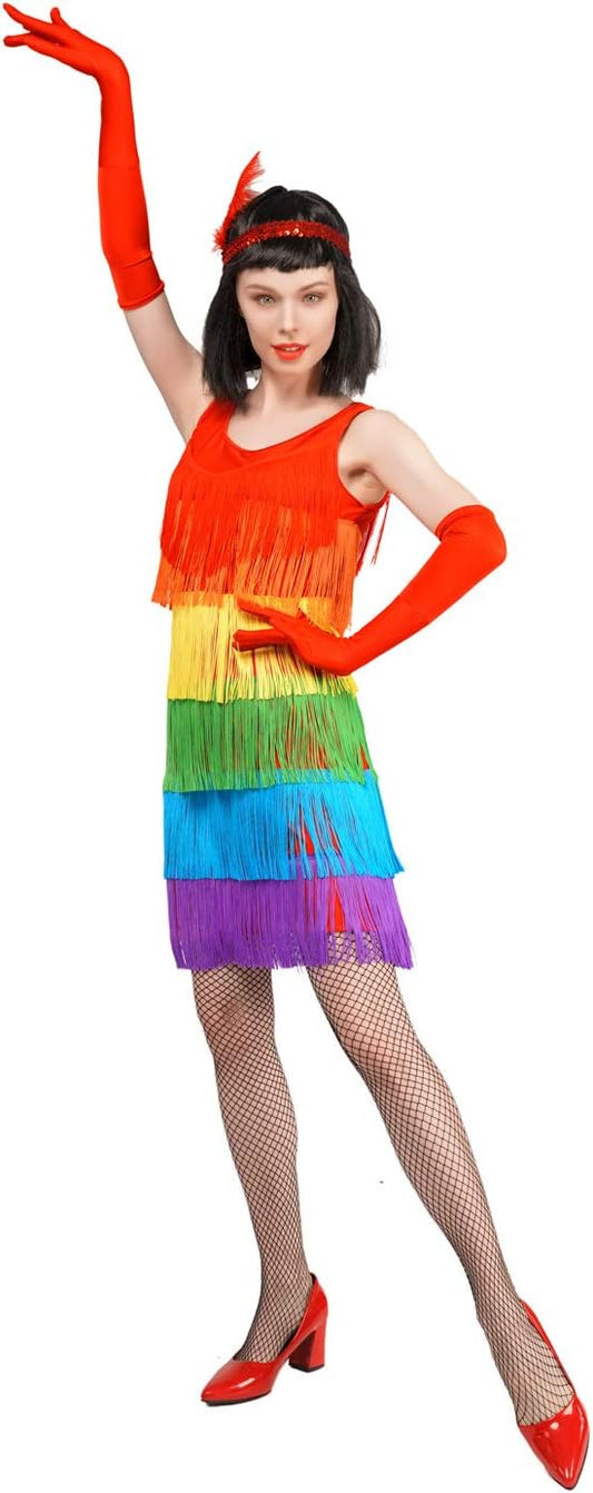 Rainbow Fringe Flapper Dress for Women Satin Costume for Halloween and Cosplay