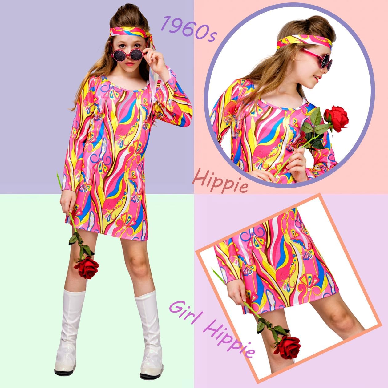Kid's 70s 80s Flower Hippie Disco Groovy Dress Costume for Halloween and Cosplay