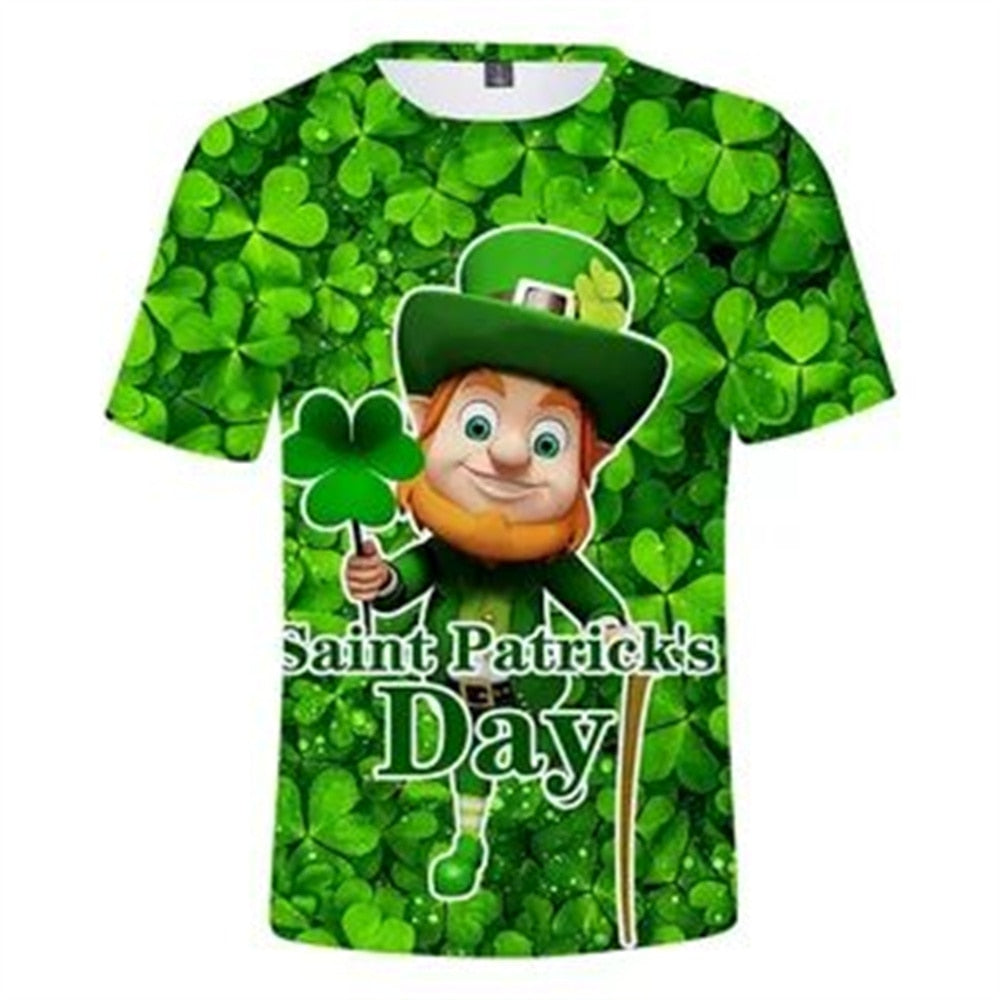 Irish St Patrick Day T-shirt Green Clover Animal Cat Adults Cotton Casual O-neck Tops
