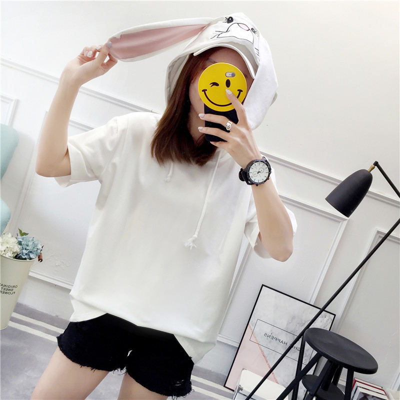 Kawaii Bunny Ears Short Sleeve Hooded T-shirt