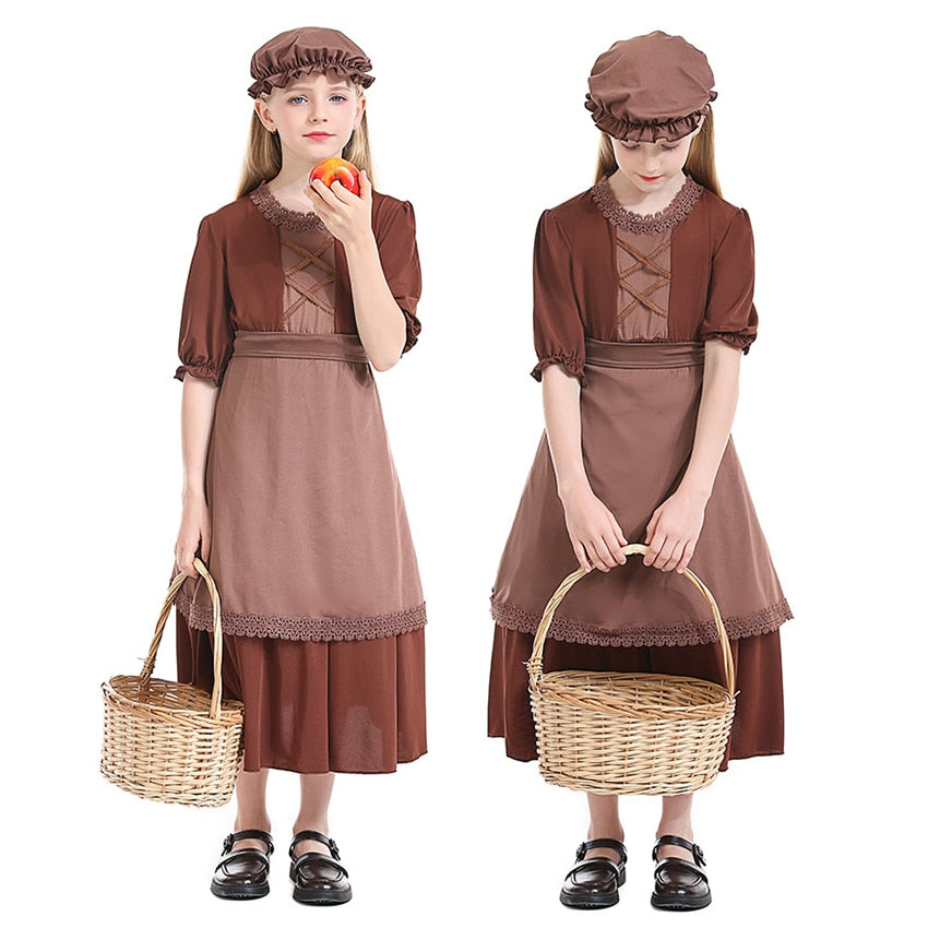 Kids Child Victorian Poor Girl Costume Colonial Village Peasant Girls Dress Brown Carnival Stage Book Day Fantasia