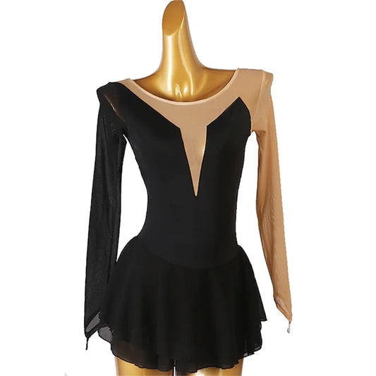Girls' Ice Skating Dress Open Back Mesh High Elasticity Training Competition Skating Wear Classic Long Sleeve Figure Skating
