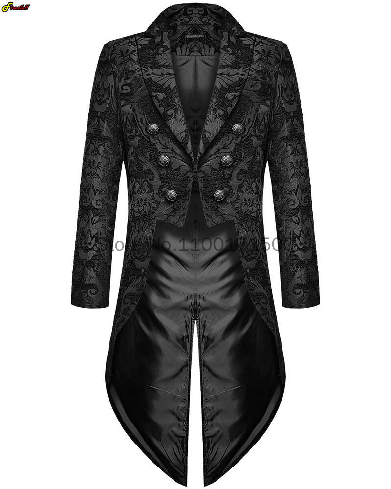 Adult Men Medieval Cosplay Black Jackets Devil Fashion Gothic Steampunk Tailcoat Costume Black Brocade Damask Wedding Halloween
