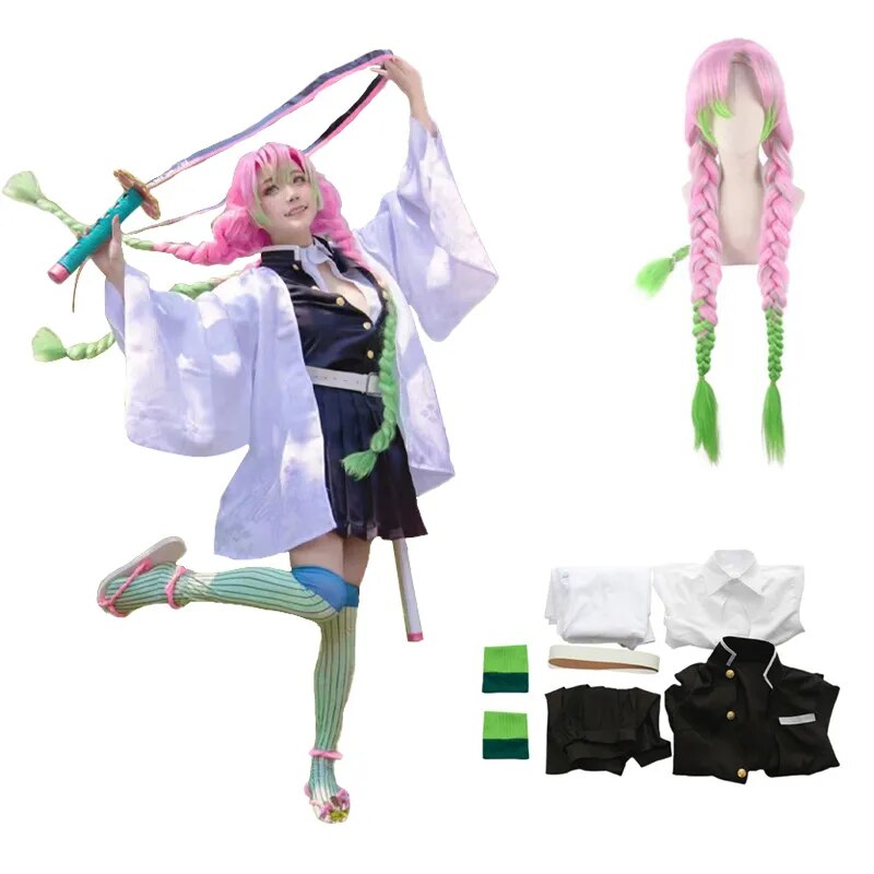 Anime Demon Kanroji Mitsuri Kimono Cosplay Costume Women Uniform Sexy Clothes Halloween Costume Wig Prop Cos Dress Up