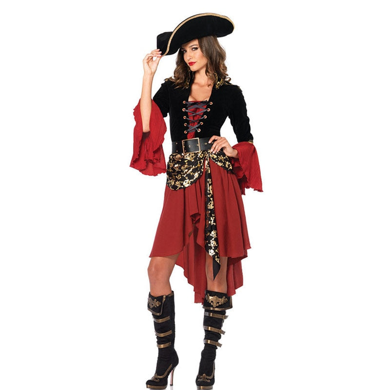 Ataullah Female Caribbean Pirates Captain Costume Halloween Role Playing Cosplay Suit Medoeval Gothic Woman Dress DW004