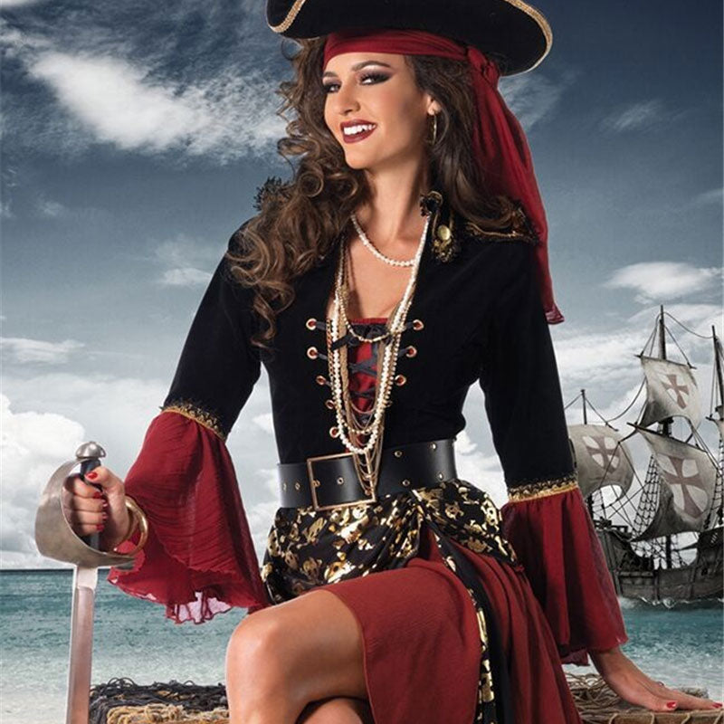 Ataullah Female Caribbean Pirates Captain Costume Halloween Role Playing Cosplay Suit Medoeval Gothic Woman Dress DW004