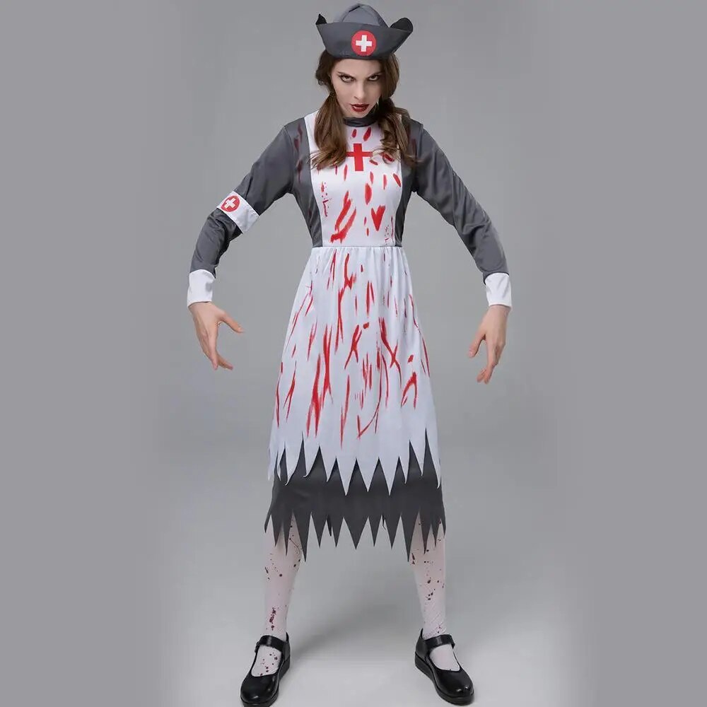 Autumn  Women&#39;s Mid Length Dress Dark Gloss Halloween Costume Horror Zombie Vampire Nurse Game Role Playing Show Makeup Room
