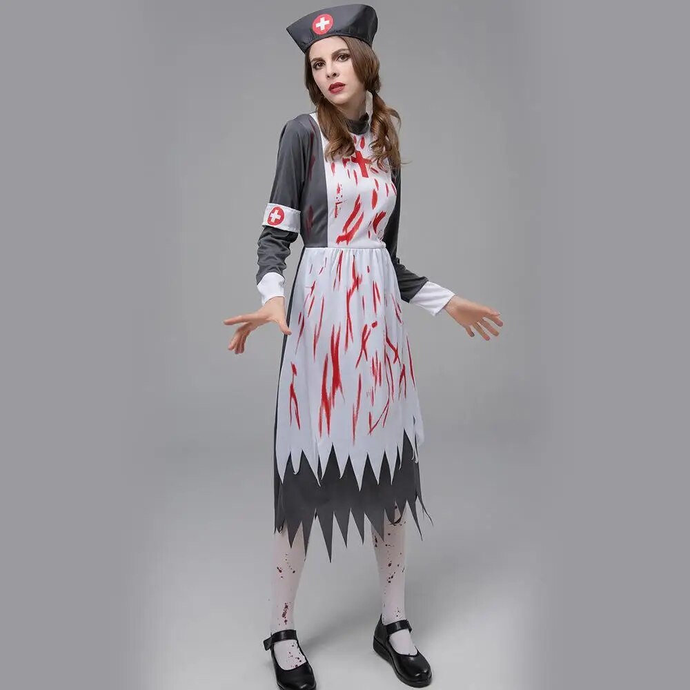 Autumn  Women&#39;s Mid Length Dress Dark Gloss Halloween Costume Horror Zombie Vampire Nurse Game Role Playing Show Makeup Room