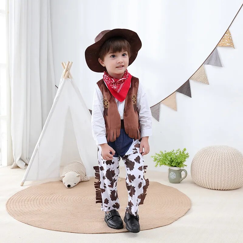Baby Boy Clothes Costume Infant Toddler Cowboy Set 3Pcs Hat Scarf Romper Halloween Event Birthday Holiday Cosplay Outfits 0-10Y