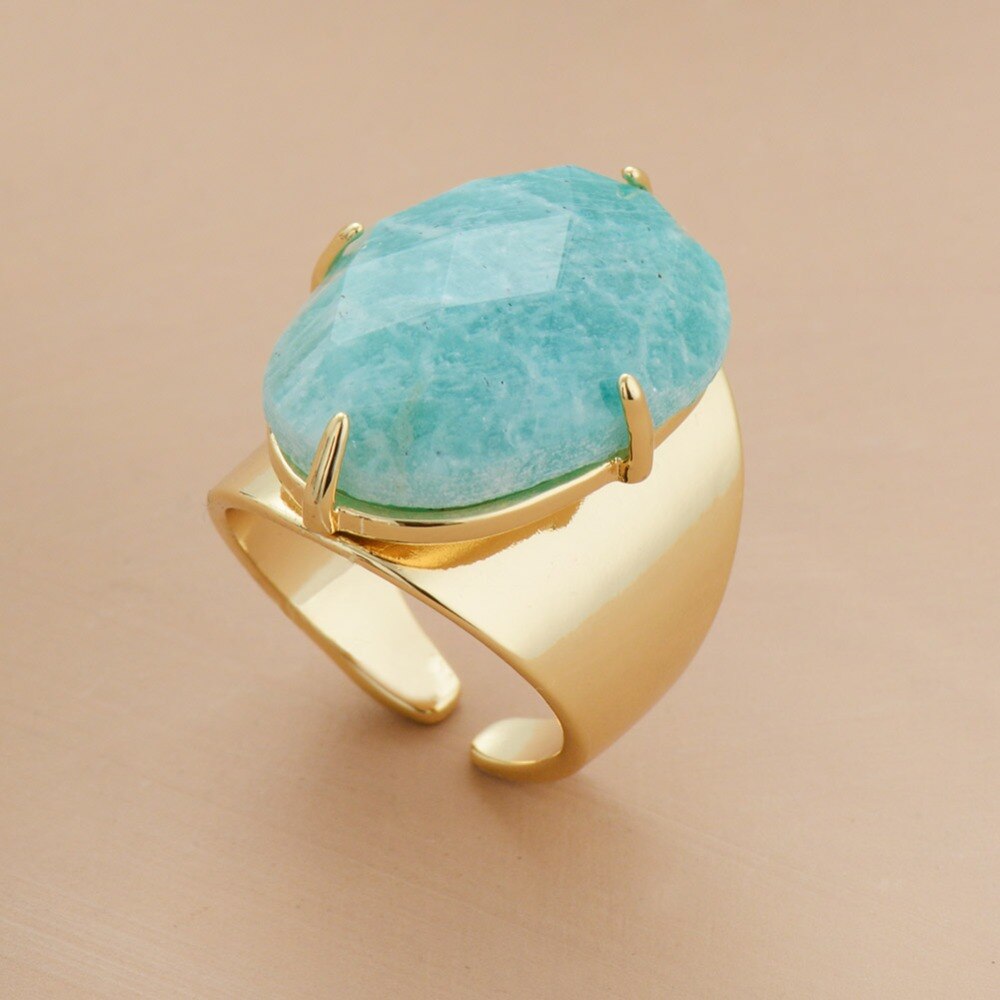 Big Stone Rings Jewelry Fashion Gold Plated Amazonite Luxury Party Ring Size 7