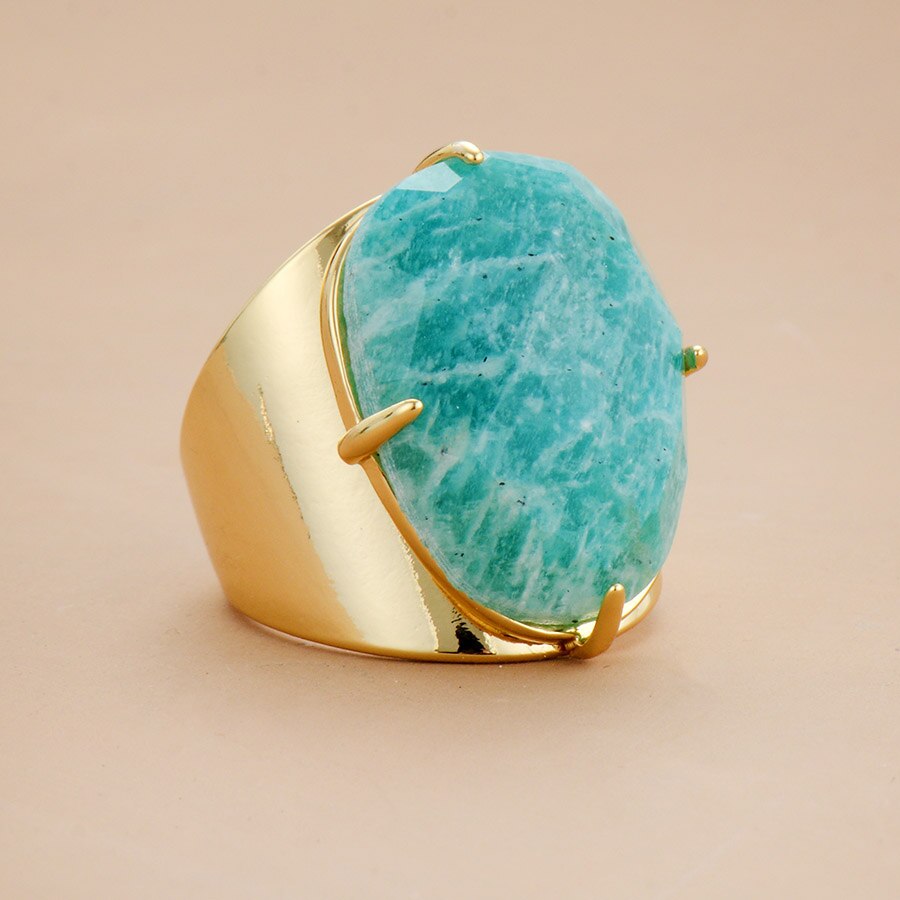 Big Stone Rings Jewelry Fashion Gold Plated Amazonite Luxury Party Ring Size 7