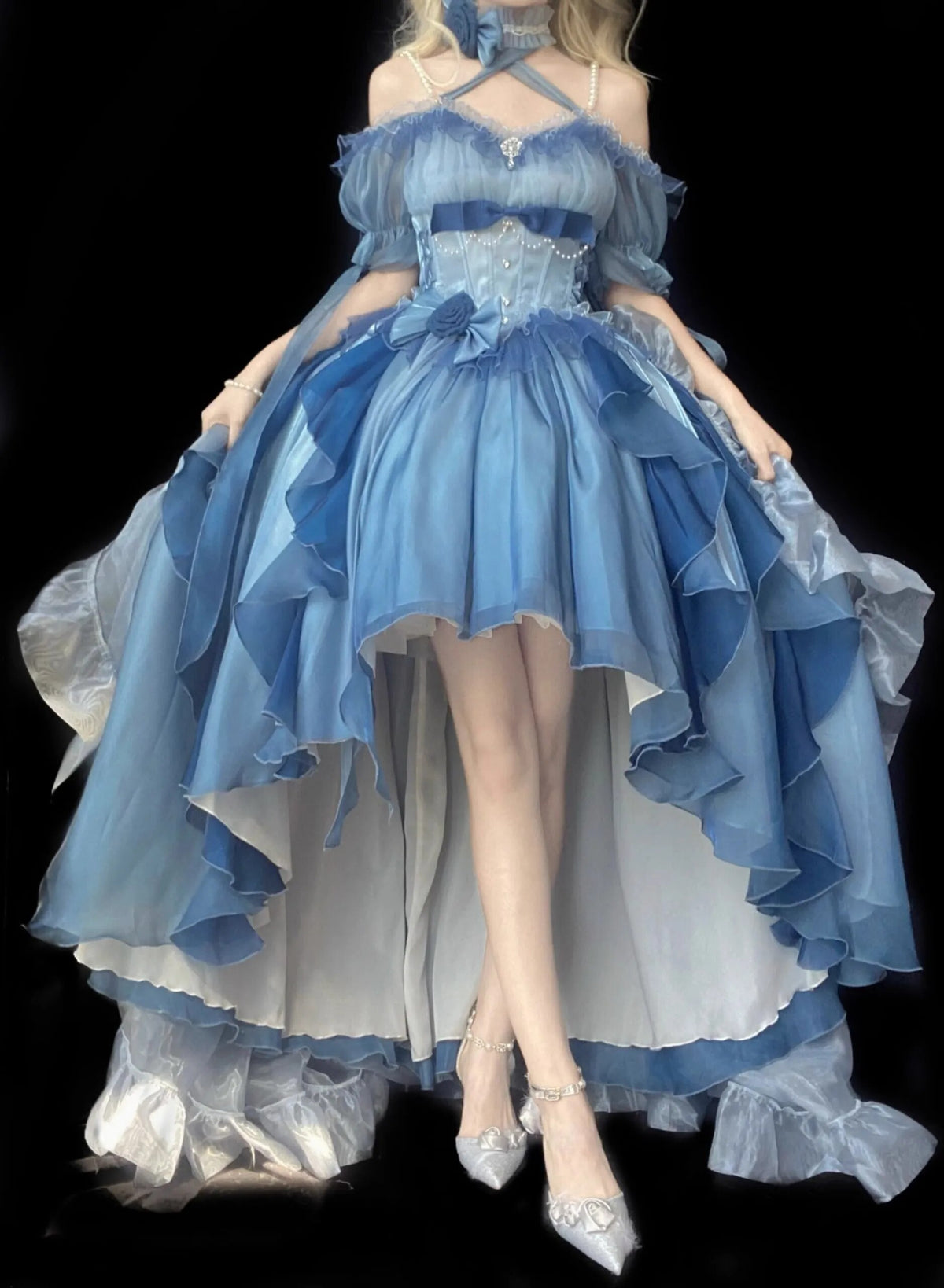 Blue Flower Wedding Dress Cos Lolita Dress Op Dress Lolita Heavy Industry Trail Puffy Princess Dress, Rose Bow Lolita Cosplay