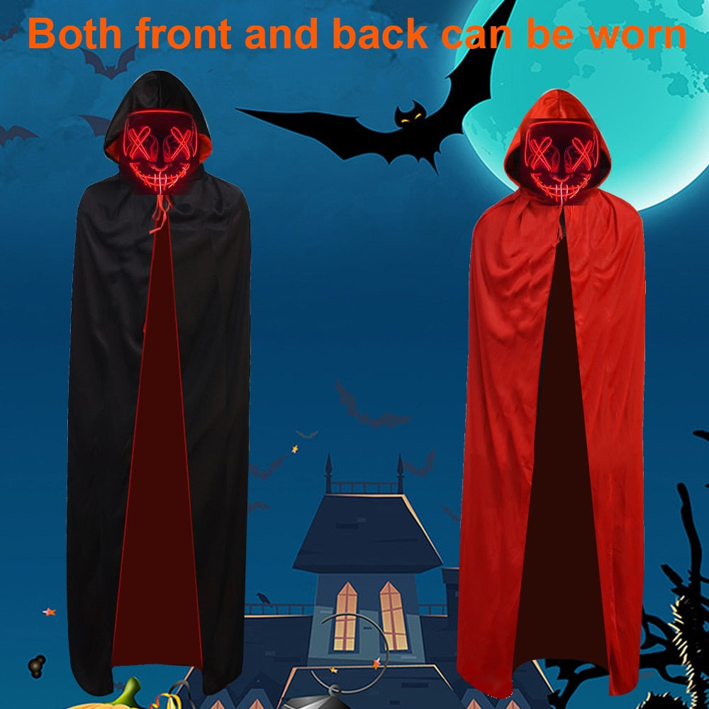 Cape Mask Combo Set Double Sided Black Red Cape Ghost Face Mask Adult Vampire Halloween Cosplay Mask Costume Men and Women