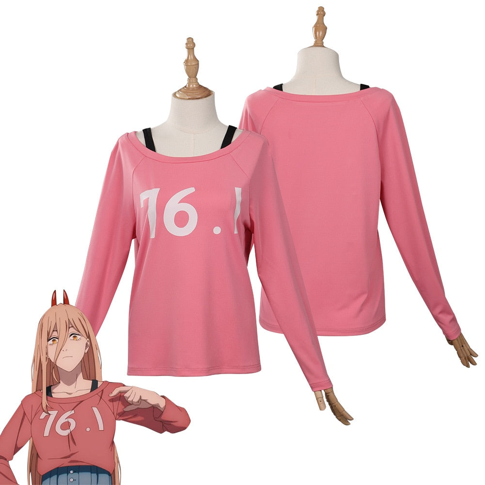 Chainsaw Man Power Cosplay Costume Long T-Shirt Wig Hairpin Outfits Halloween Carnival Suit for Adult Women Girls Top Set