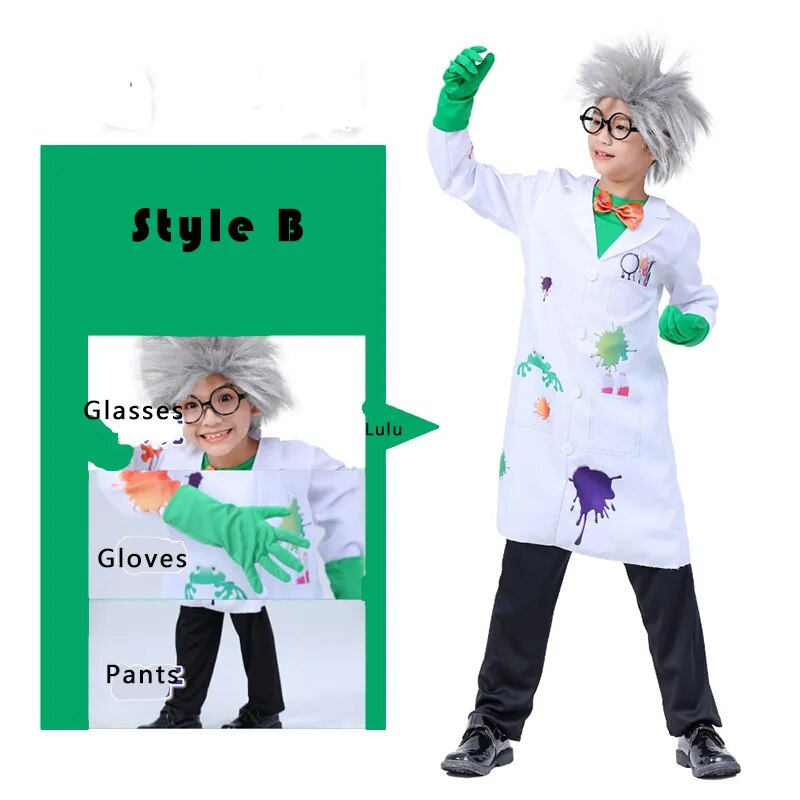 Children Boy Psycho Crazy Scientists Cosplay Costumes Wig Pants Glasses Gloves Kids RolePlay Doctor Scientist Profession Clothes