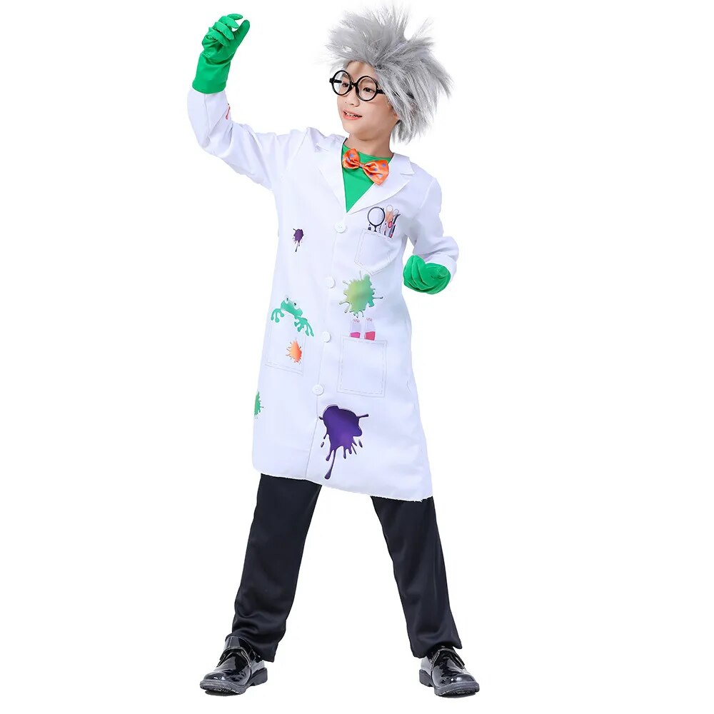Children Boy Psycho Crazy Scientists Cosplay Costumes Wig Pants Glasses Gloves Kids RolePlay Doctor Scientist Profession Clothes