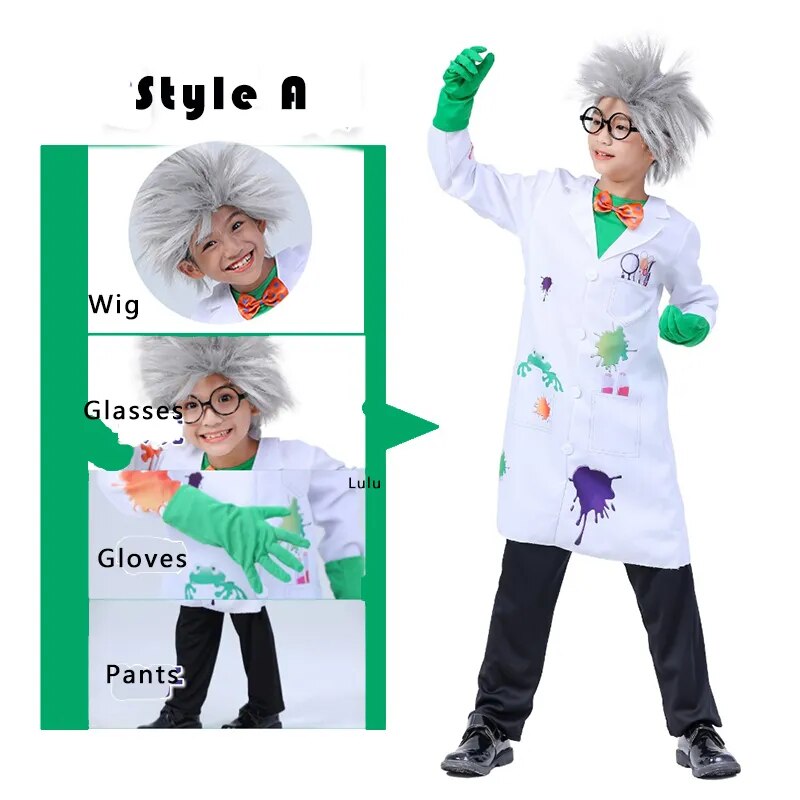 Children Boy Psycho Crazy Scientists Cosplay Costumes Wig Pants Glasses Gloves Kids RolePlay Doctor Scientist Profession Clothes
