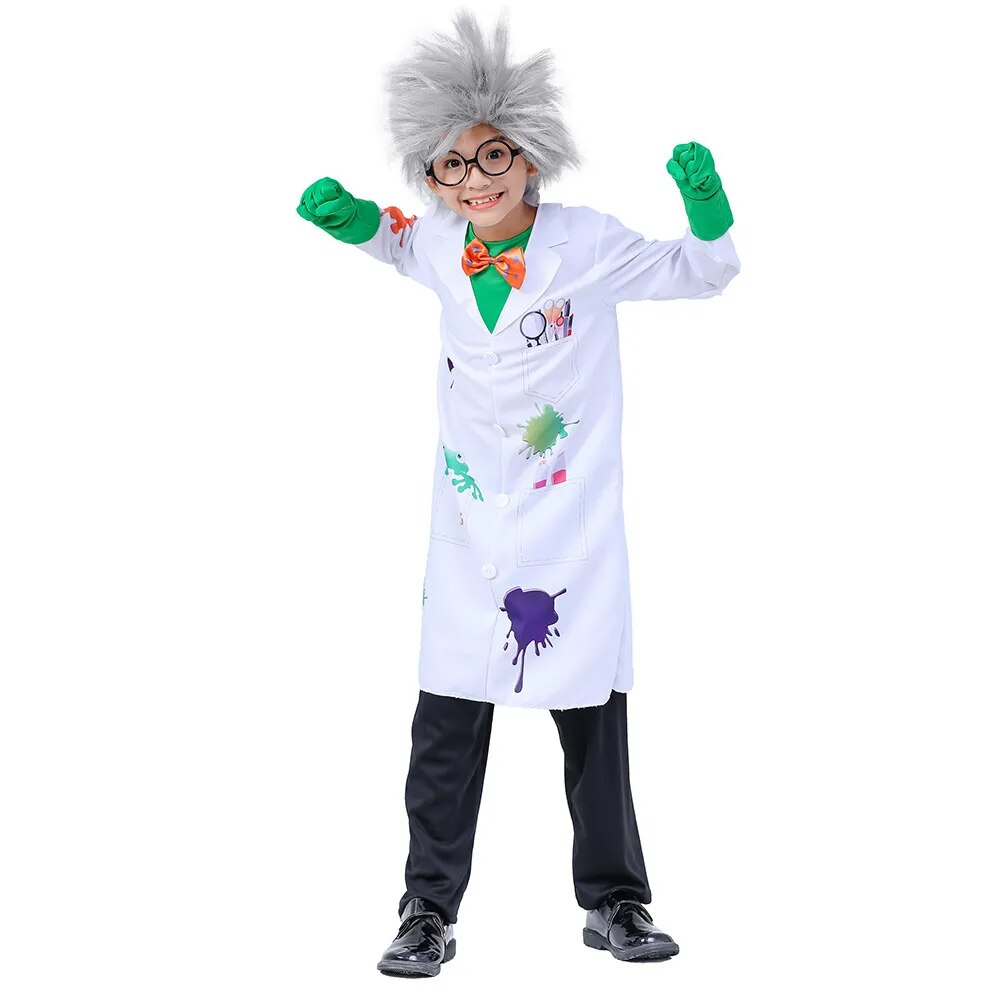 Children Boy Psycho Crazy Scientists Cosplay Costumes Wig Pants Glasses Gloves Kids RolePlay Doctor Scientist Profession Clothes