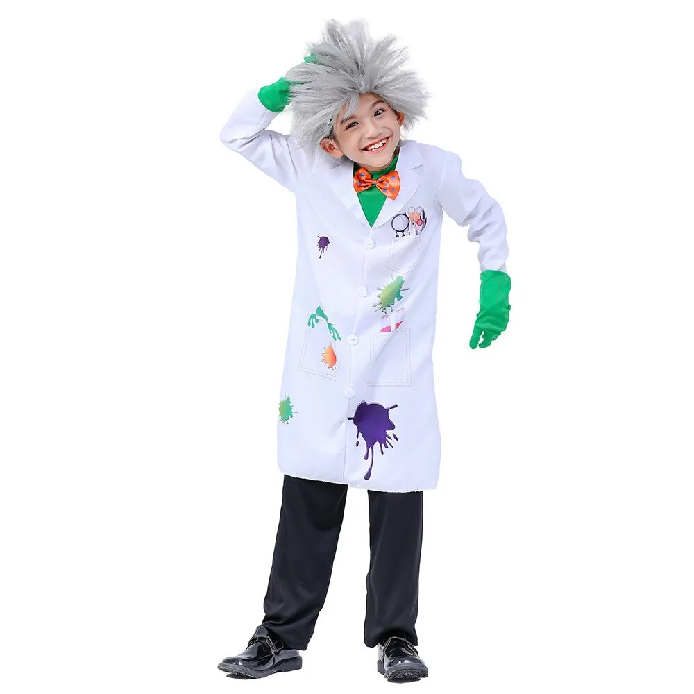 Children Boy Psycho Crazy Scientists Cosplay Costumes Wig Pants Glasses Gloves Kids RolePlay Doctor Scientist Profession Clothes