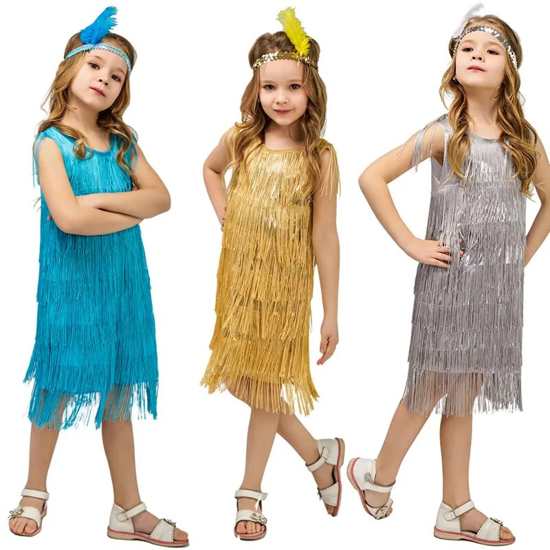 Children Girls Retro Latin Dance Tassel Skirt Girls Dance Performance Clothes Party Tassel Stage Performance Clothes