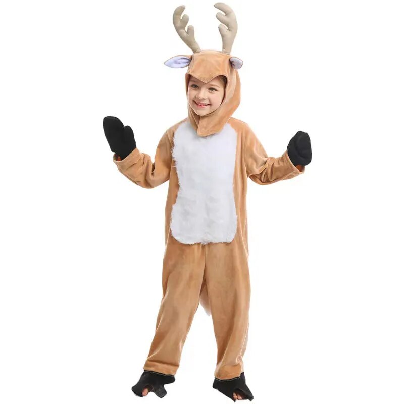 Children&#39;s Reindeer Cosplay Costume, One-piece Suit with Hat, Suitable for Halloween and Christmas Stage Performances