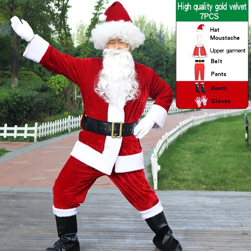 Christmas Santa Claus Costume For Adult Men Fancy Cosplay Costumes Party Red Suit Coat Pants Beard Belt Hat Plus Size 6XL