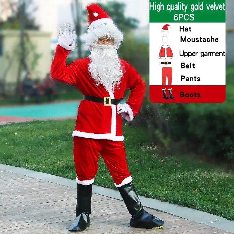 Christmas Santa Claus Costume For Adult Men Fancy Cosplay Costumes Party Red Suit Coat Pants Beard Belt Hat Plus Size 6XL