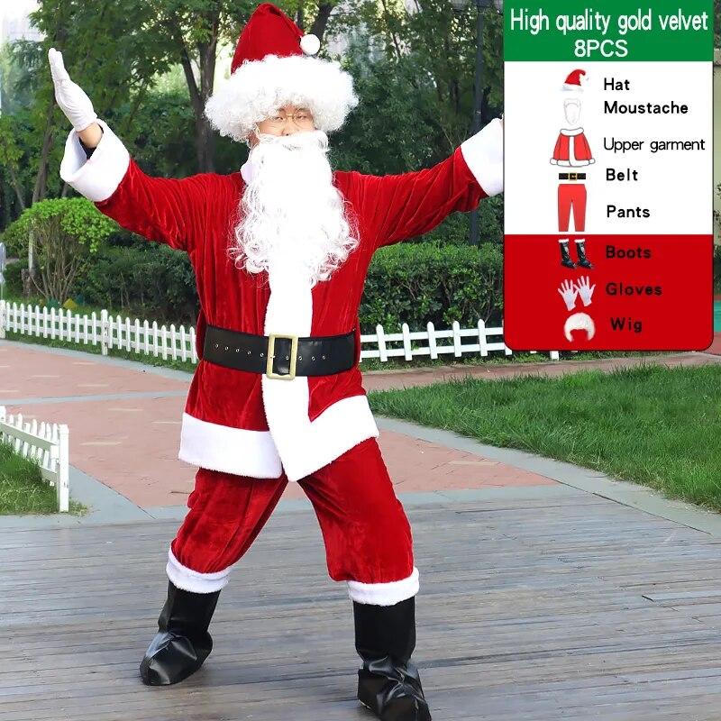 Christmas Santa Claus Costume For Adult Men Fancy Cosplay Costumes Party Red Suit Coat Pants Beard Belt Hat Plus Size 6XL