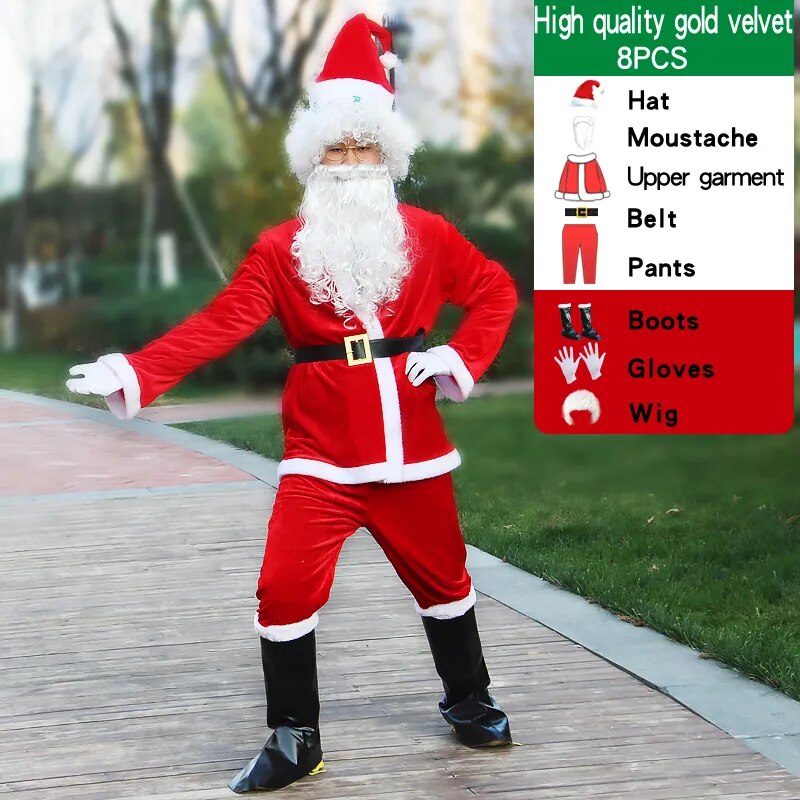 Christmas Santa Claus Costume For Adult Men Fancy Cosplay Costumes Party Red Suit Coat Pants Beard Belt Hat Plus Size 6XL