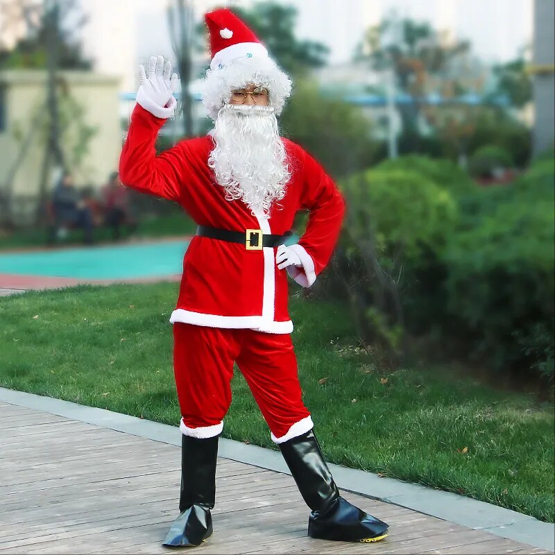Christmas Santa Claus Costume For Adult Men Fancy Cosplay Costumes Party Red Suit Coat Pants Beard Belt Hat Plus Size 6XL
