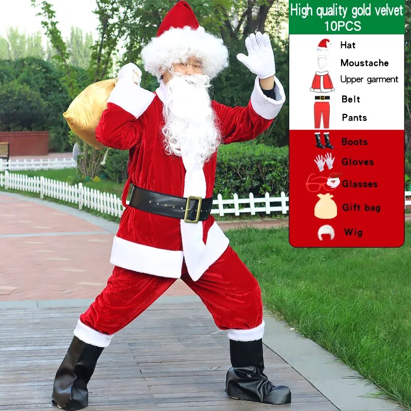 Christmas Santa Claus Costume For Adult Men Fancy Cosplay Costumes Party Red Suit Coat Pants Beard Belt Hat Plus Size 6XL
