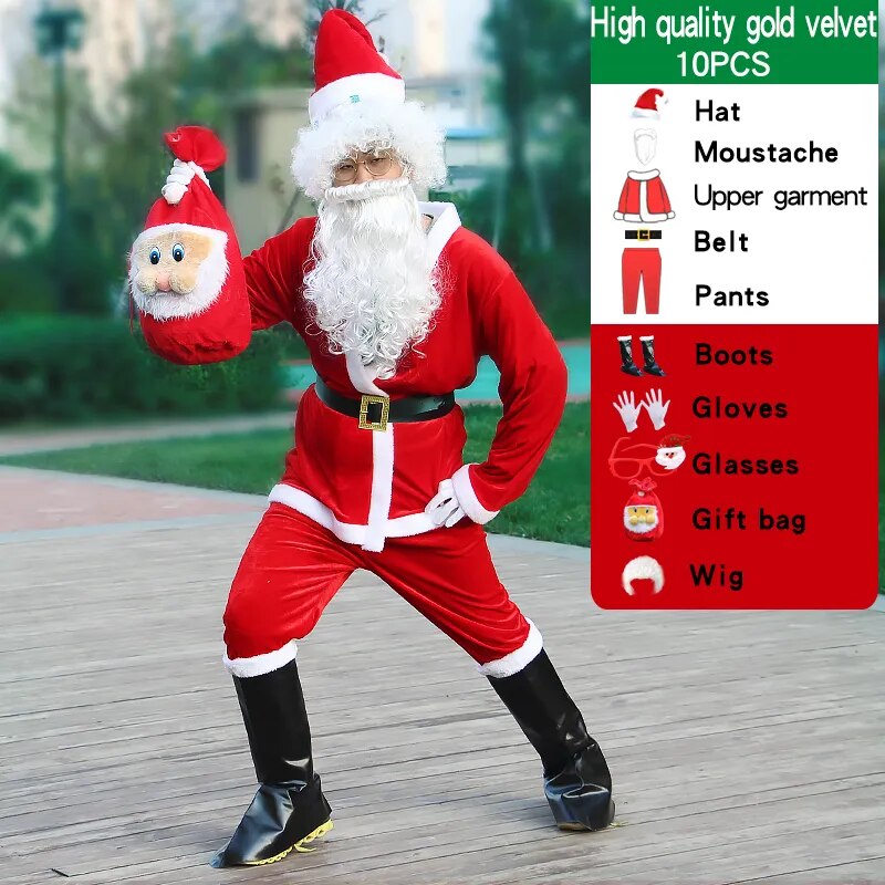 Christmas Santa Claus Costume For Adult Men Fancy Cosplay Costumes Party Red Suit Coat Pants Beard Belt Hat Plus Size 6XL
