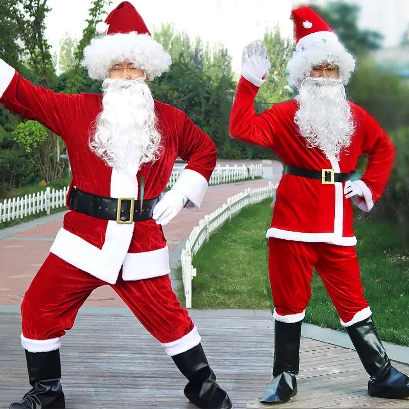 Christmas Santa Claus Costume For Adult Men Fancy Cosplay Costumes Party Red Suit Coat Pants Beard Belt Hat Plus Size 6XL