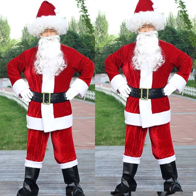 Christmas Santa Claus Costume For Adult Men Fancy Cosplay Costumes Party Red Suit Coat Pants Beard Belt Hat Plus Size 6XL