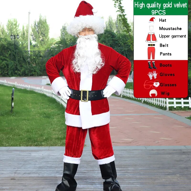 Christmas Santa Claus Costume For Adult Men Fancy Cosplay Costumes Party Red Suit Coat Pants Beard Belt Hat Plus Size 6XL