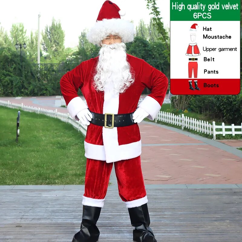 Christmas Santa Claus Costume For Adult Men Fancy Cosplay Costumes Party Red Suit Coat Pants Beard Belt Hat Plus Size 6XL