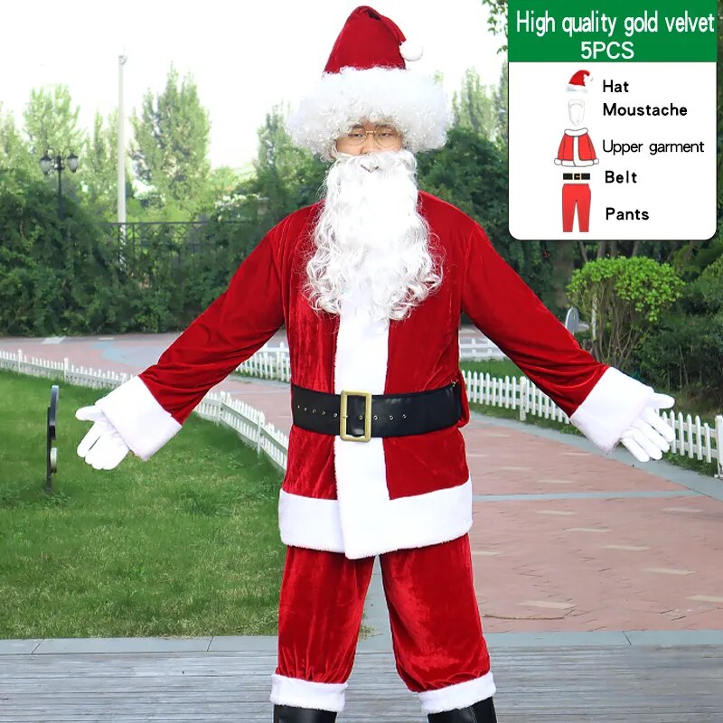 Christmas Santa Claus Costume For Adult Men Fancy Cosplay Costumes Party Red Suit Coat Pants Beard Belt Hat Plus Size 6XL