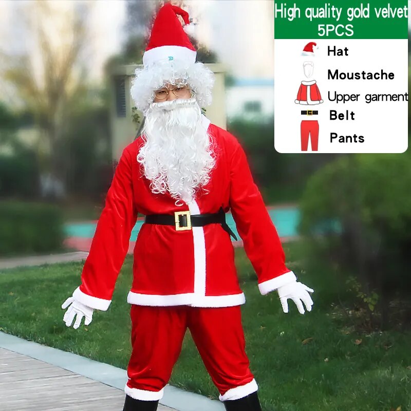Christmas Santa Claus Costume For Adult Men Fancy Cosplay Costumes Party Red Suit Coat Pants Beard Belt Hat Plus Size 6XL