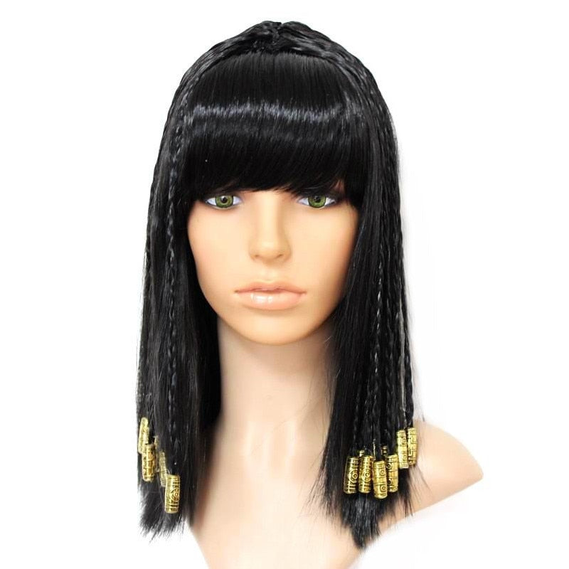 Cleopatra Wig Woman Egypt Queen Black Hair Gold Beads Cleopatra Accessorie Headpie Dance Halloween Party Role Play Cosplay Wigs