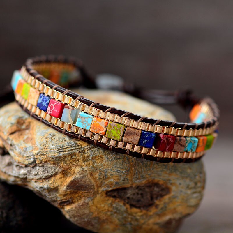 Creative Women Wrap Bracelets 7 Chakra Stones Gold Plated Chain Woven Leather Bracelet Bohemian Statement Jewelry