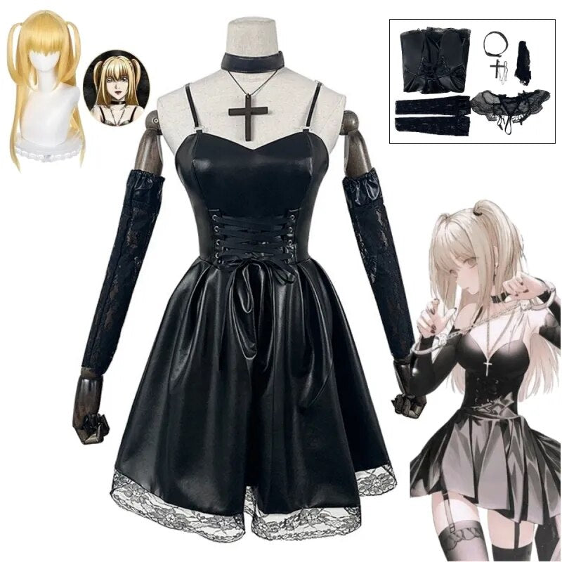 Death Note Cosplay Costume Misa Amane Imitation Leather Sexy Dress +Neck jewelry+stockings+necklace Uniform Outfit Halloween Wig