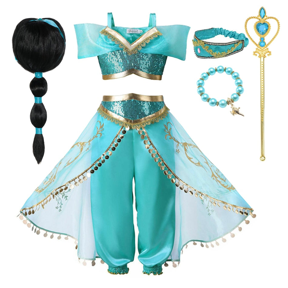 Girls Jasmine Dress Aladdin Princess Magic Lamp Carnival Vestidos Halloween Party Cosplay Costume