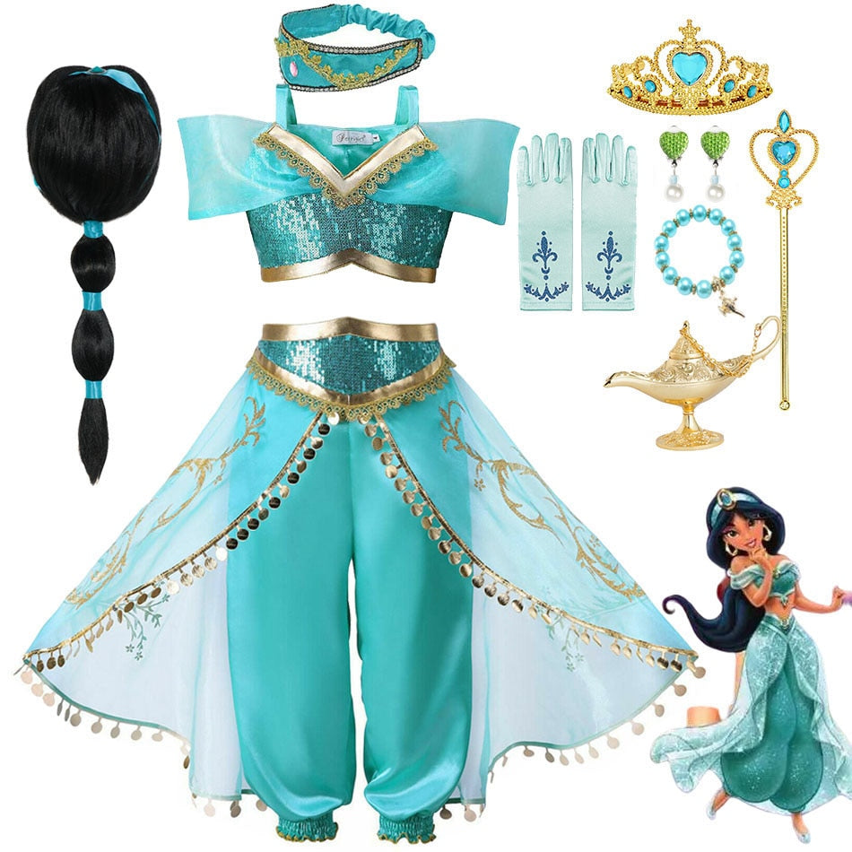 Girls Jasmine Dress Aladdin Princess Magic Lamp Carnival Vestidos Halloween Party Cosplay Costume